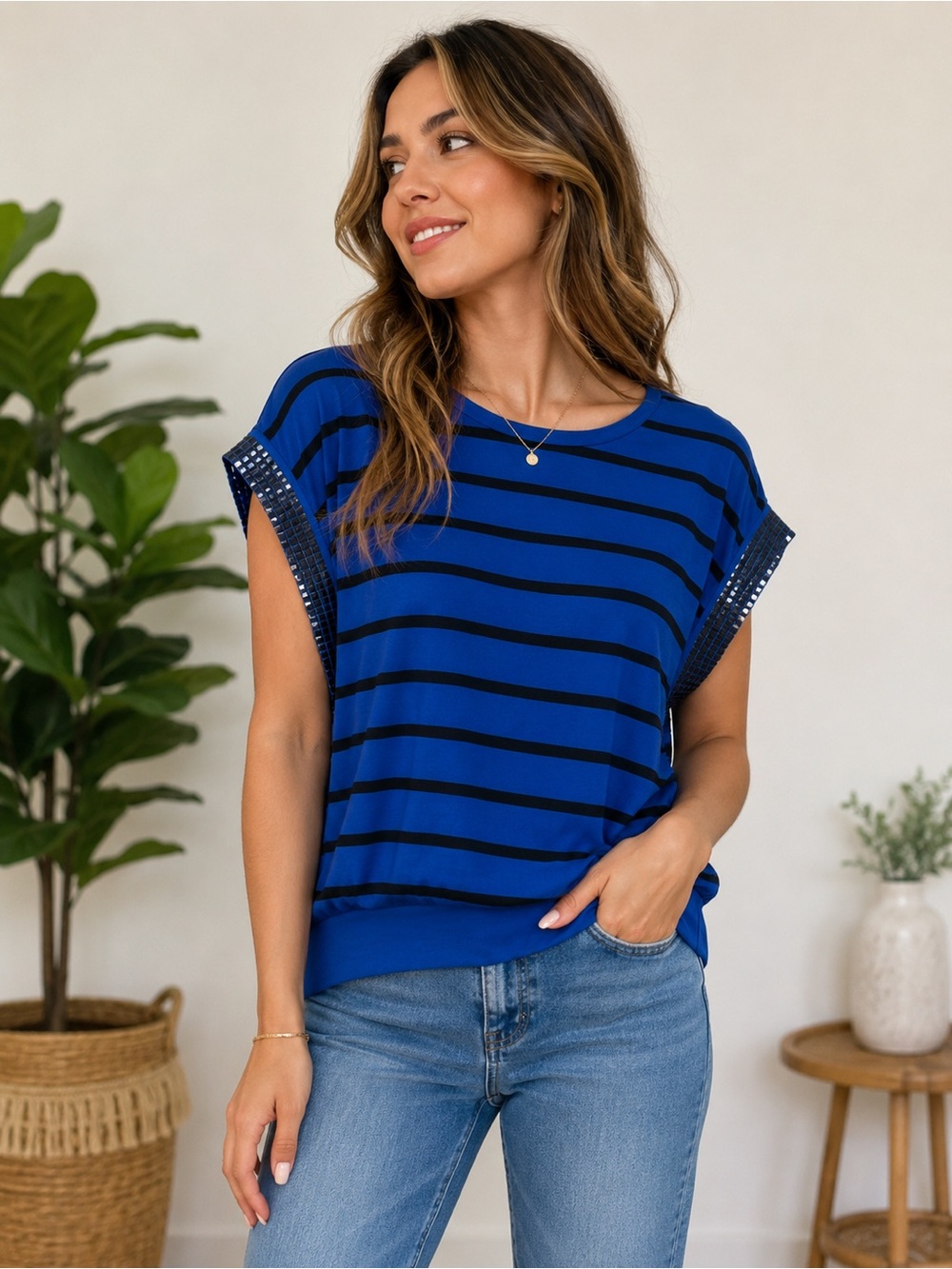 Mango Royal Blue and Navy Striped Short Sleeve Top with Sequin Trim